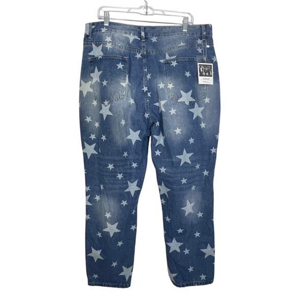 NWT Mekool Distressed Blue With Star Print High Waisted Jeans Pants Size 2XL - Picture 4 of 10